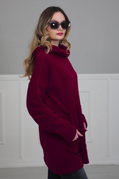 Önden Cepli Polar Sweatshirt,SW-1PL Bordo - Thumbnail