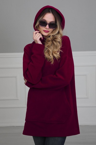 Önden Cepli Polar Sweatshirt,SW-1PL Bordo - Thumbnail