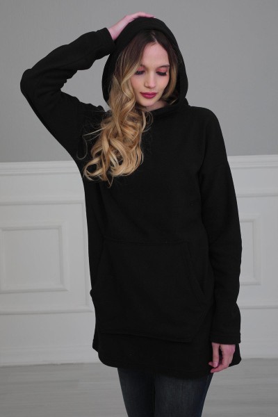 Önden Cepli Polar Sweatshirt,SW-1PL Siyah - Thumbnail