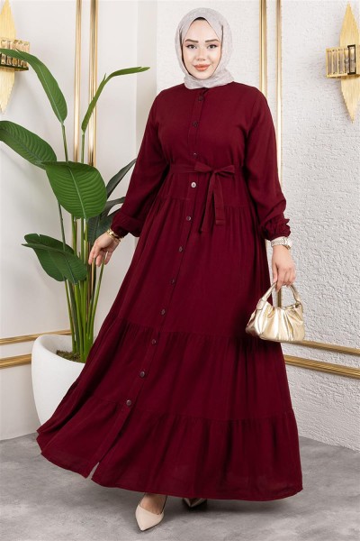SGS - Önden Düğmeli Viskon Elbise BORDO