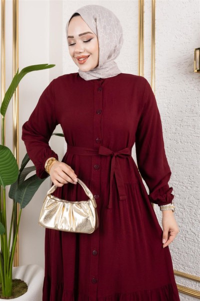 Önden Düğmeli Viskon Elbise BORDO - Thumbnail
