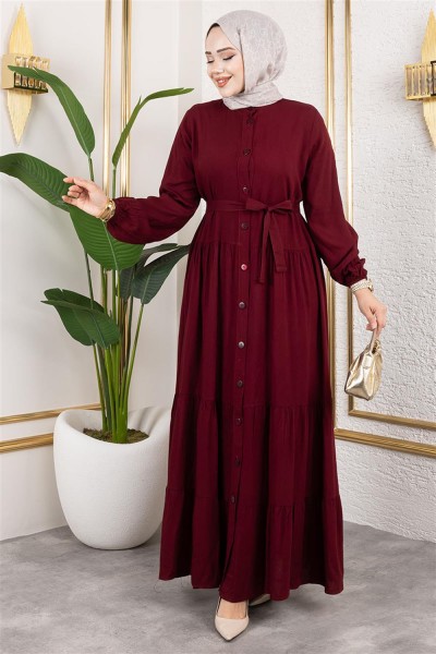 Önden Düğmeli Viskon Elbise BORDO - Thumbnail