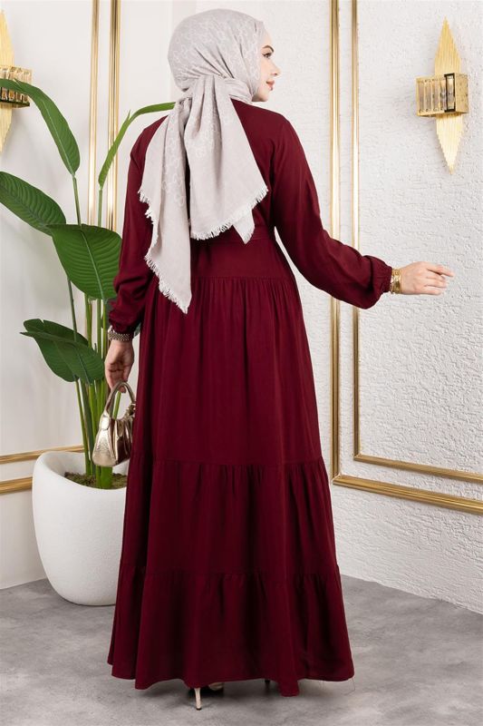 Önden Düğmeli Viskon Elbise BORDO - 4