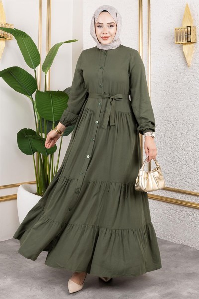 SGS - Önden Düğmeli Viskon Elbise HAKİ