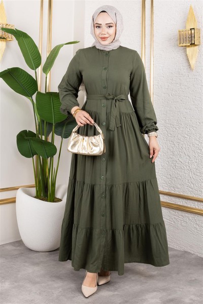 Önden Düğmeli Viskon Elbise HAKİ - Thumbnail