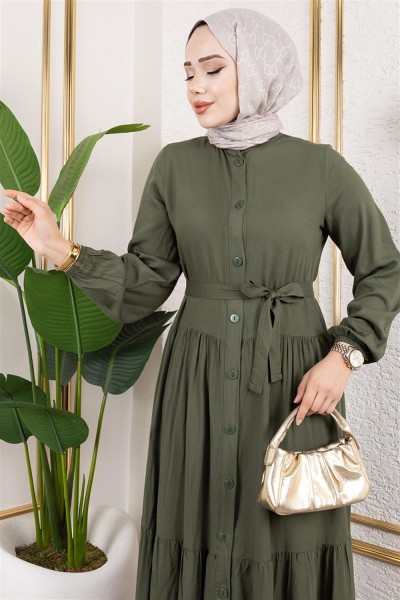 Önden Düğmeli Viskon Elbise HAKİ - Thumbnail