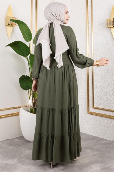 Önden Düğmeli Viskon Elbise HAKİ - Thumbnail