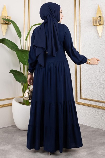 Önden Düğmeli Viskon Elbise LACİVERT - Thumbnail