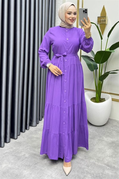 Önden Düğmeli Viskon Elbise LİLA - Thumbnail