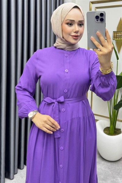 Önden Düğmeli Viskon Elbise LİLA - Thumbnail