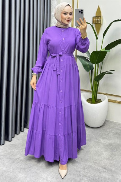 Önden Düğmeli Viskon Elbise LİLA - Thumbnail