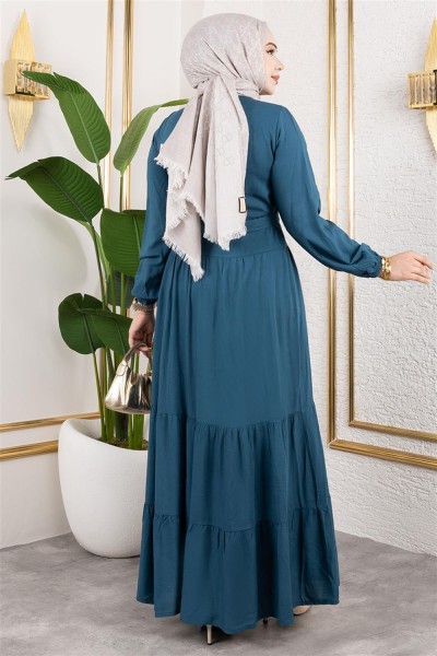 Önden Düğmeli Viskon Elbise PETROL - Thumbnail