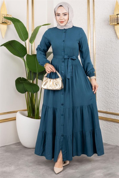 SGS - Önden Düğmeli Viskon Elbise PETROL