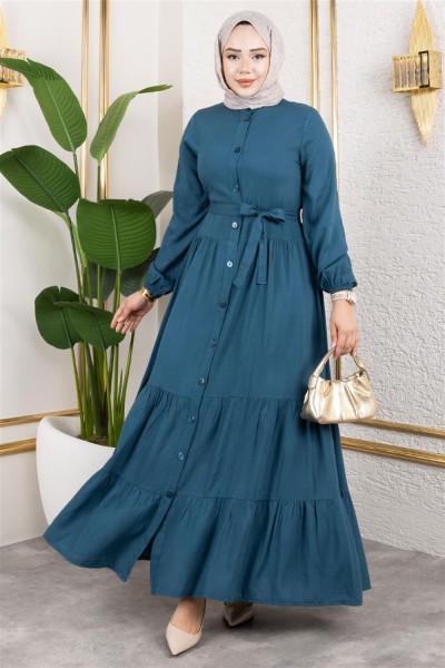 Önden Düğmeli Viskon Elbise PETROL - Thumbnail