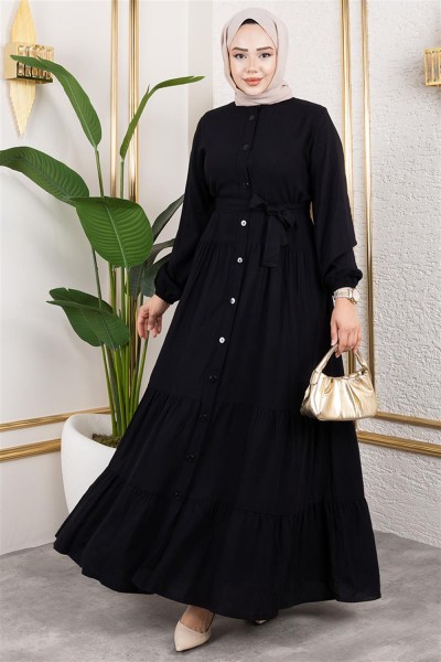 SGS - Önden Düğmeli Viskon Elbise SİYAH