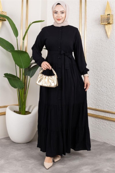 Önden Düğmeli Viskon Elbise SİYAH - Thumbnail