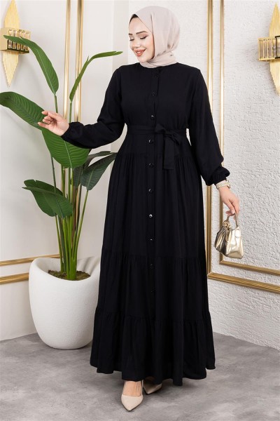 Önden Düğmeli Viskon Elbise SİYAH - Thumbnail