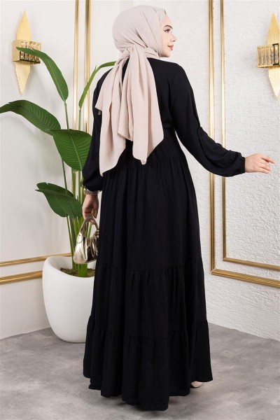 Önden Düğmeli Viskon Elbise SİYAH - Thumbnail