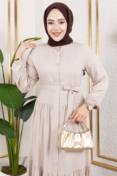 Önden Düğmeli Viskon Elbise VİZON - Thumbnail