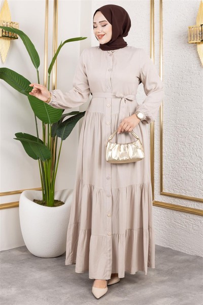 SGS - Önden Düğmeli Viskon Elbise VİZON