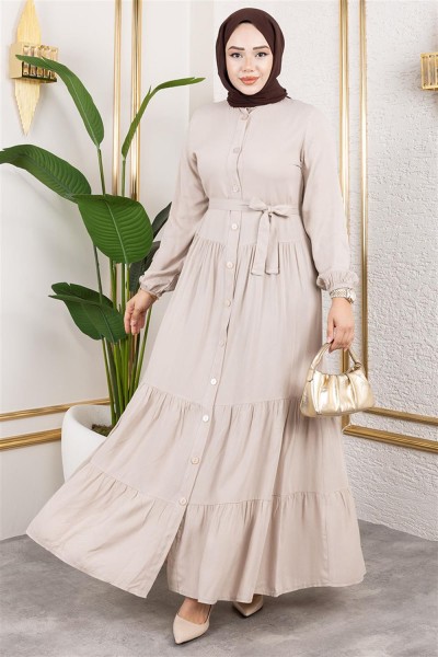 Önden Düğmeli Viskon Elbise VİZON - Thumbnail