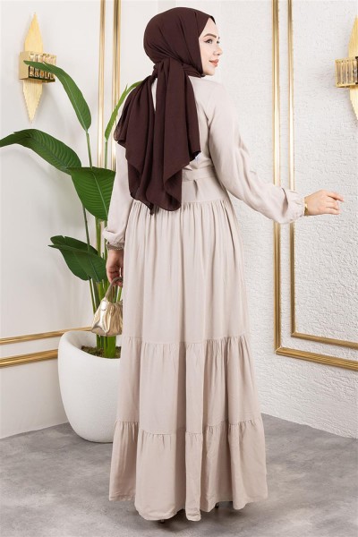 Önden Düğmeli Viskon Elbise VİZON - Thumbnail