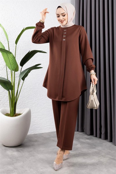 Önden Patlı Krep Takım KAHVERENGİ - Thumbnail