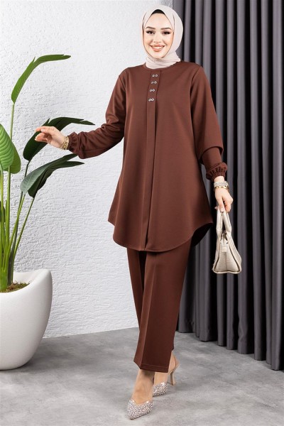 Önden Patlı Krep Takım KAHVERENGİ - Thumbnail