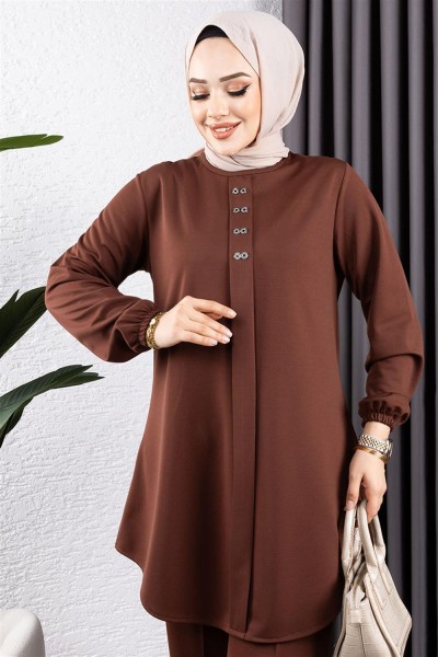 Önden Patlı Krep Takım KAHVERENGİ - Thumbnail