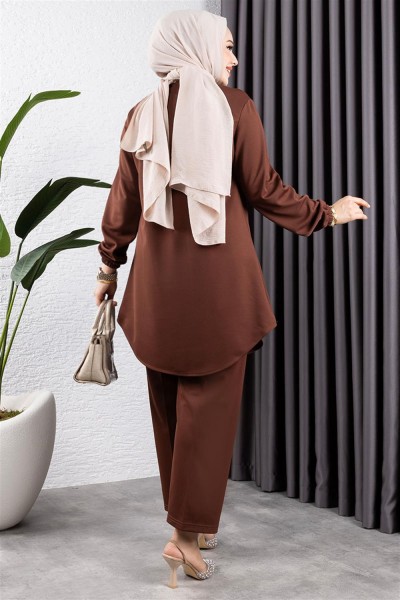 Önden Patlı Krep Takım KAHVERENGİ - Thumbnail