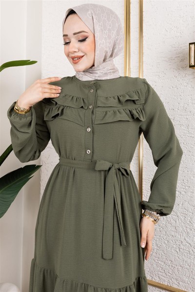 Önü Fırfır Detaylı Aerobin Elbise HAKİ - Thumbnail