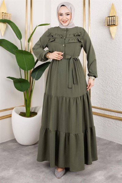 Önü Fırfır Detaylı Aerobin Elbise HAKİ - Thumbnail