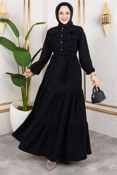 BGM - Önü Fırfır Detaylı Aerobin Elbise SİYAH