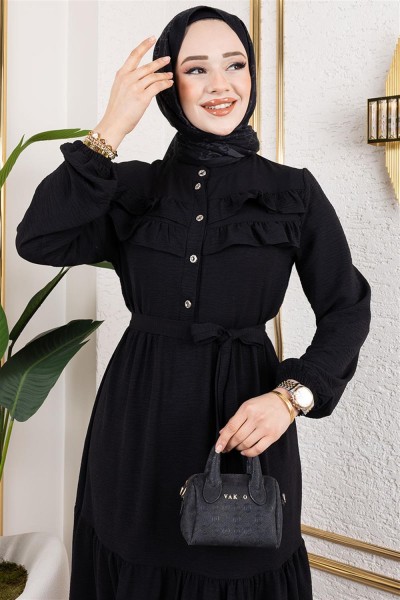 Önü Fırfır Detaylı Aerobin Elbise SİYAH - Thumbnail