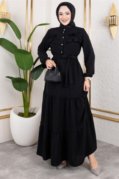 Önü Fırfır Detaylı Aerobin Elbise SİYAH - Thumbnail