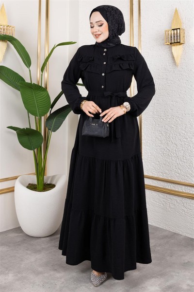 Önü Fırfır Detaylı Aerobin Elbise SİYAH - Thumbnail