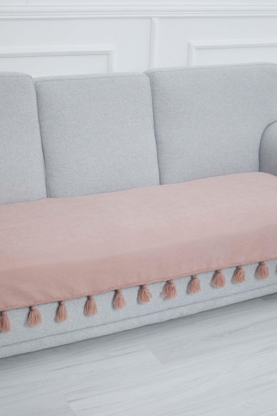 Örgü Kenar Detaylı Püsküllü Koltuk Örtüsü,KO-26 Pudra - Thumbnail