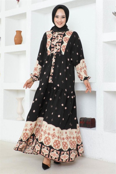 Otantik Desenli Viskon Elbise SİYAH - Thumbnail