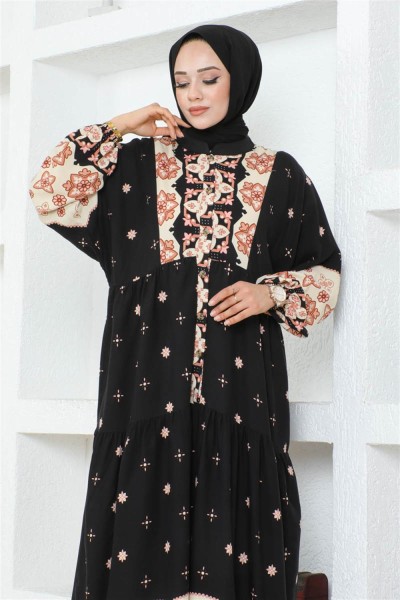 Otantik Desenli Viskon Elbise SİYAH - Thumbnail