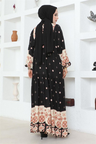 Otantik Desenli Viskon Elbise SİYAH - Thumbnail