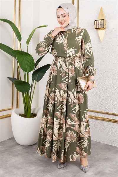 Palmiye Desenli Tesettür Elbise HAKİ - Thumbnail