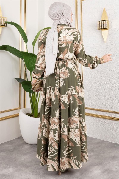 Palmiye Desenli Tesettür Elbise HAKİ - Thumbnail