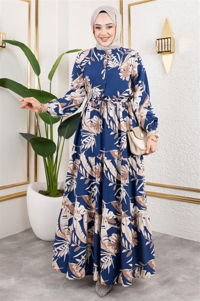 SGS - Palmiye Desenli Tesettür Elbise İNDİGO