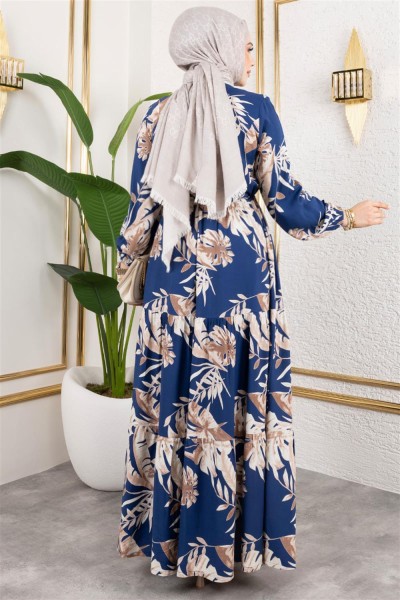 Palmiye Desenli Tesettür Elbise İNDİGO - Thumbnail