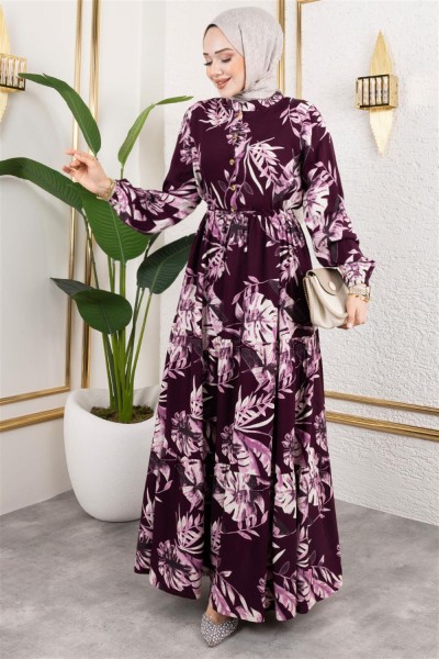 Palmiye Desenli Tesettür Elbise MÜRDÜM - Thumbnail