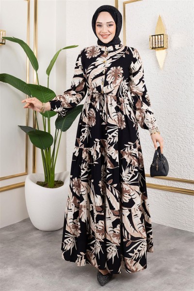 Palmiye Desenli Tesettür Elbise SİYAH - Thumbnail