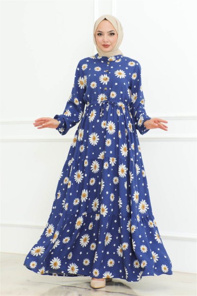 SGS - Papatya Desenli Tesettür Elbise İNDİGO