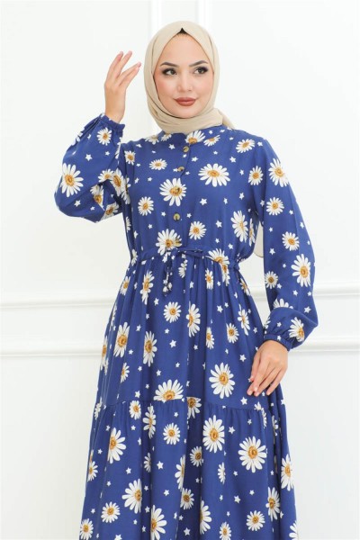 Papatya Desenli Tesettür Elbise İNDİGO - Thumbnail