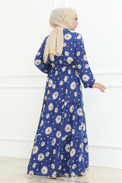 Papatya Desenli Tesettür Elbise İNDİGO - Thumbnail