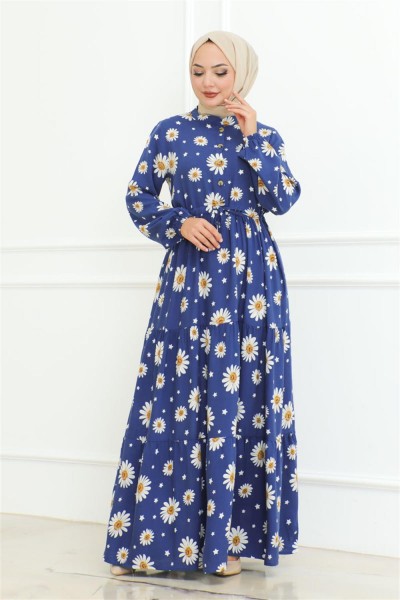 Papatya Desenli Tesettür Elbise İNDİGO - Thumbnail